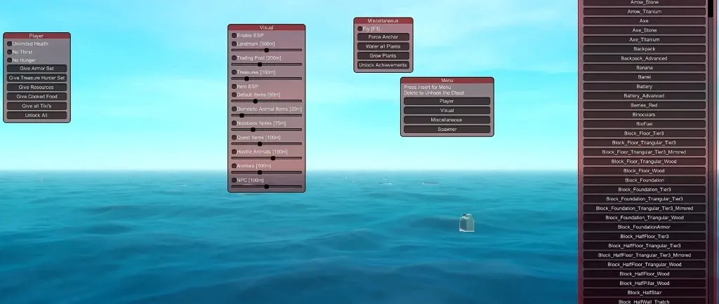 Raft Cheats in-game menu — ESP, overlay, and misc options